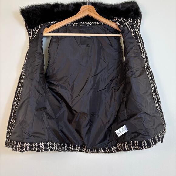 Talbots Faux Fur Collar Down Puffer Vest Size M Petite Plaid Tweed Black White - Picture 10 of 13